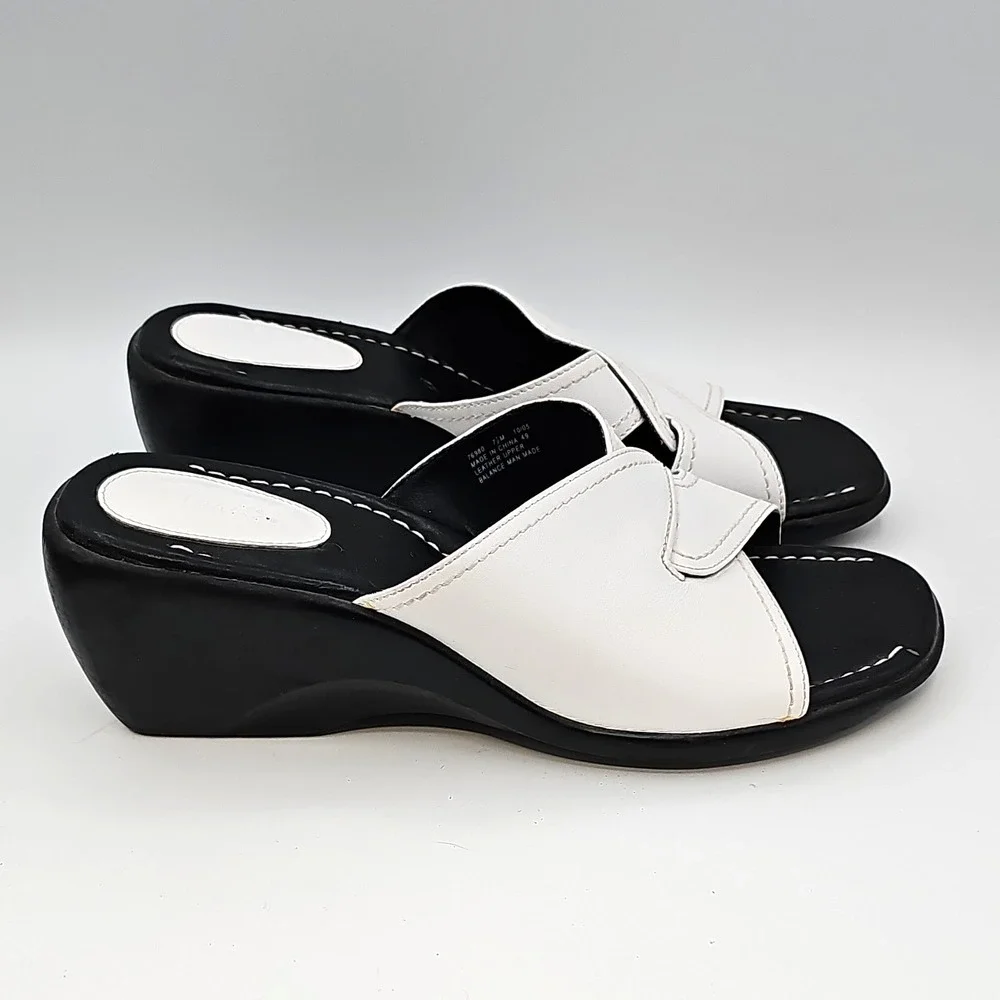 Clarks Black & White Leather Slide Wedge Sandals Size 7.5M